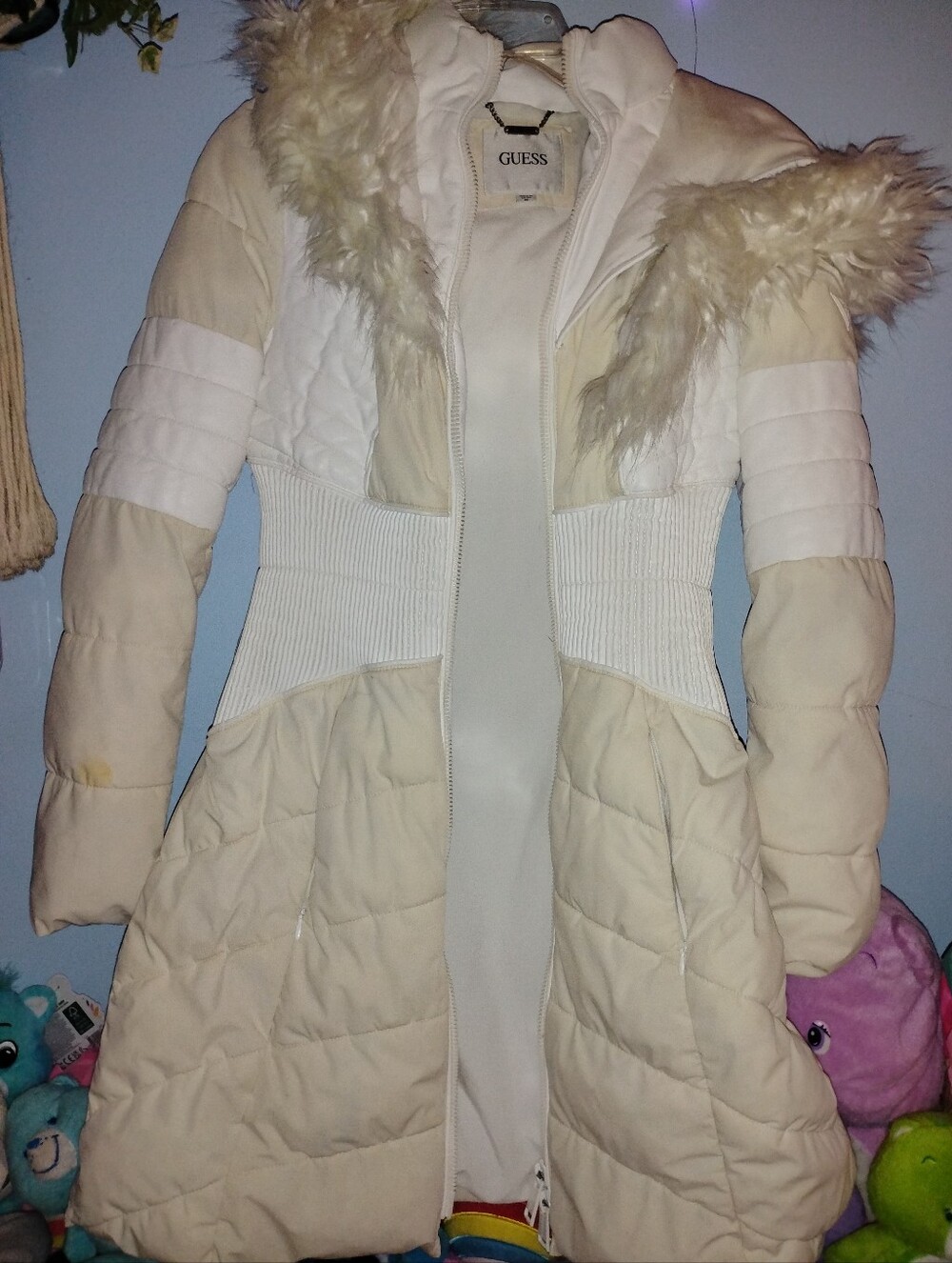 GUESS Oxana Hooded Puffer Coat in Ivory with Faux-Fur Trim